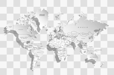 Dünyanın politik haritası. Gri dünya haritası ülkeleri. Beyaz dünya haritası kağıdı. Görüntü