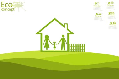 Aile silueti ve yeşil çimlerin üzerindeki ev. Gezegeni kurtarmak için ekoloji kavramı. Çevre dostu. Çevre dostu dünya. Ekolojinin illüstrasyonu. Arkaplan.