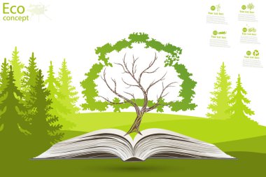 Açık bir kitaptan çıkan yeşil kağıt ağacı. Gezegeni kurtarmak için ekoloji kavramı. Çevre dostu. Çimlerin üzerinde açık kitap. Çizim modern tasarım şablonu