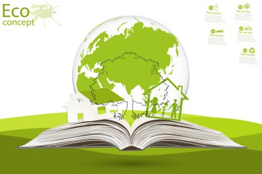 Ağaç ve yeşil çimenler üzerine açık bir kitabın üstündeki ev. Gezegeni kurtarmak için ekoloji kavramı. Çevre dostu. Çevre dostu dünya. Ekolojinin illüstrasyonu. Arkaplan.