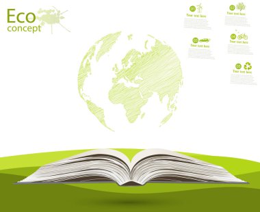 Globe açık bir kitap. Gezegeni kurtarmak için ekoloji kavramı. Çevre dostu. Çevre dostu dünya. Ekolojinin illüstrasyonu. Geçmişi. Peyzaj. Bilgi Grafikleri