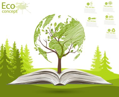 Ağaçtaki yeşil küre. Çimlerin üzerinde küre olan ağaç. Çevre dostu. Ekoloji kavramı. Ekolojik olarak temiz bir dünya manzarası. Görüntü.