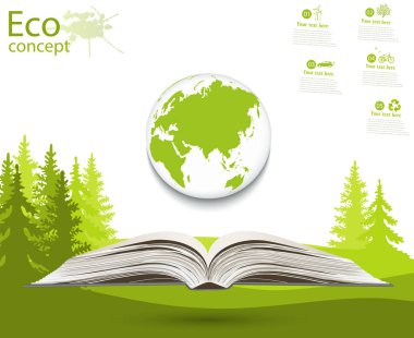 Globe açık bir kitap. Gezegeni kurtarmak için ekoloji kavramı. Çevre dostu. Çevre dostu dünya. Ekolojinin illüstrasyonu. Geçmişi. Peyzaj. Bilgi Grafikleri