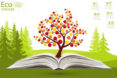 Açık bir kitaptan çıkan yeşil kağıt ağacı. Gezegeni kurtarmak için ekoloji kavramı. Çevre dostu. Çimlerin üzerinde açık kitap. Çizim modern tasarım şablonu