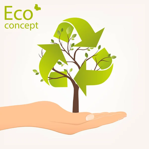 Ecology Concept Planet Tree Shaped Recycle Symbol Rising Open Palm — Stock Photo, Image