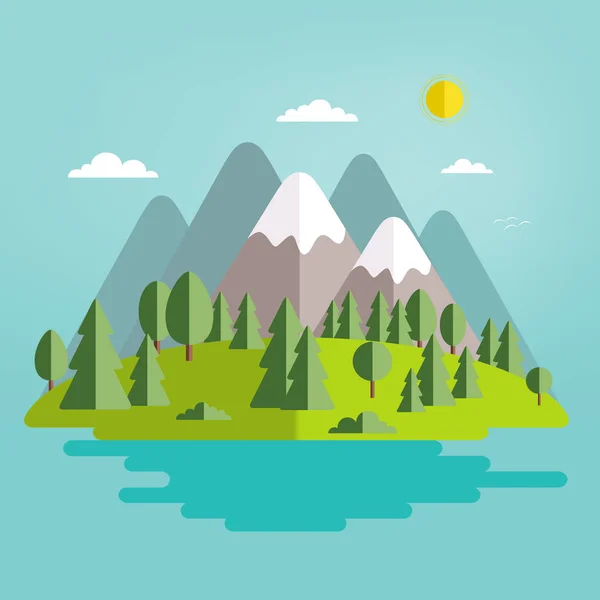 Summer landscape. Environmentally friendly world. Ecological concepts. The isolated nature landscape with mountains, hills, river and trees. Flat style illustration. Background.