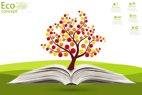 绿树从一本打开的书里长出来 生态的概念 拯救地球 生态友好 在草地上打开书本是合法的 说明现代设计模板 — 图库照片