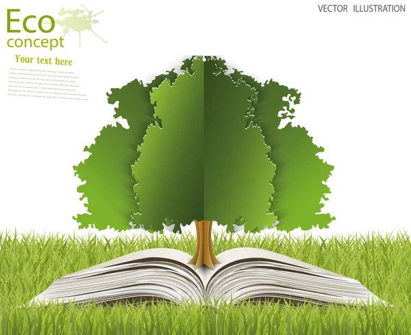 オープンブックから成長した緑の紙の木 地球を救うための生態学の概念 環境に優しいオープンブック ベクターイラストテンプレートデザイン — ストック写真