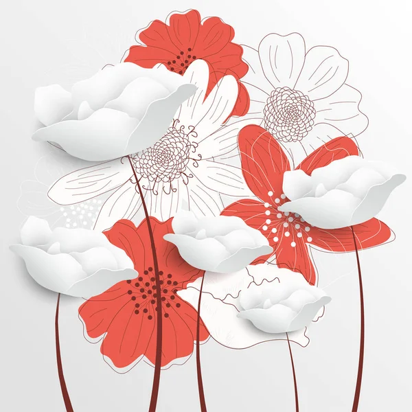 Retro Květinové Pozadí Dekorativní Květiny Romantické Přání Ručně Kreslené Obrysy — Stock fotografie