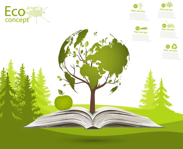 Green globe on the tree. Tree with globe on grass. Eco friendly. The concept of ecology. Ecologically clean world landscape. Illustration.