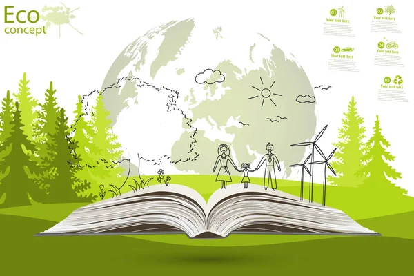 Environmentally friendly world. Green world map global environment with happy family stories. Open book of happy family stories. Ecology concept. Ecologically clean world. Illustration. Doodle.