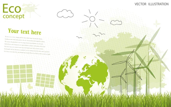 生态学概念 创意绘画树 地球仪 风车和太阳能电池板在草坪上 生态清洁的世界 现代设计 Doodle — 图库照片