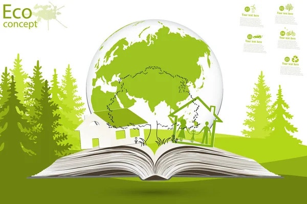 Árbol Casa Encima Libro Abierto Sobre Hierba Verde Concepto Ecología — Foto de Stock