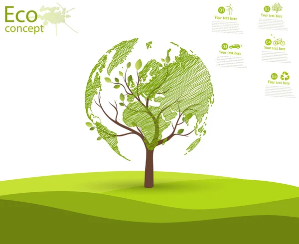 绿色的地球在树上 长满了球茎的树 生态友好 生态的概念 生态清洁的世界景观 说明1 — 图库照片