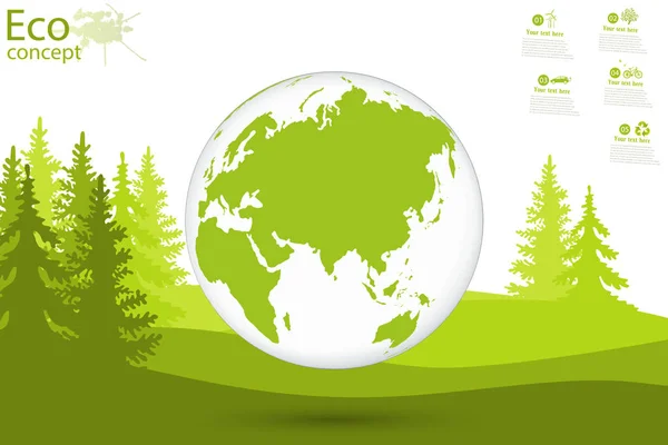 Globe and trees on the green grass. The concept of ecology to save the planet. Eco friendly. Environmentally friendly world. Concept illustration of ecology. Background. Infographics