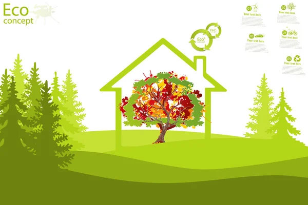 緑の芝生の上の家の中の木 地球を救うための生態学の概念 環境に優しい生態学のイラストコンセプト インフォグラフィック — ストック写真