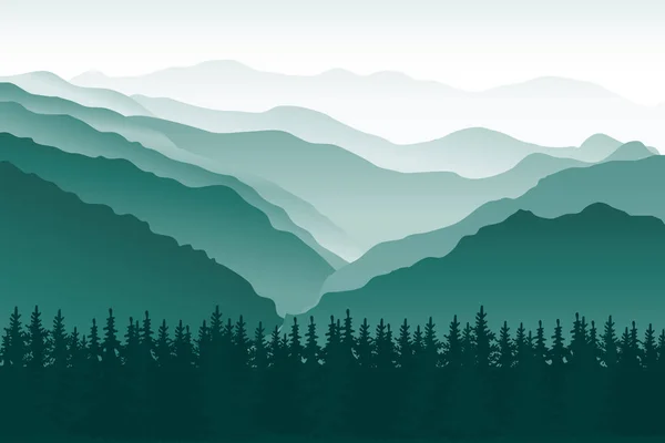 Landscape with Mountain Peaks. Blue and green mountains in the fog. Mountain landscape, hills, river and trees. The silhouettes of the mountains against the dawn. Vector illustration. Background
