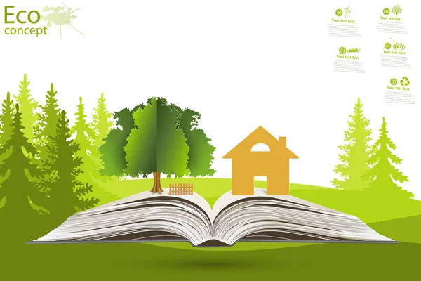 Árbol Casa Encima Libro Abierto Sobre Hierba Verde Concepto Ecología — Foto de Stock