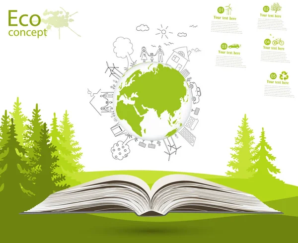 Environmentally friendly world. Green world map global environment with happy family stories. Open book of happy family stories. Ecology concept. Ecologically clean world. Illustration. Doodle.