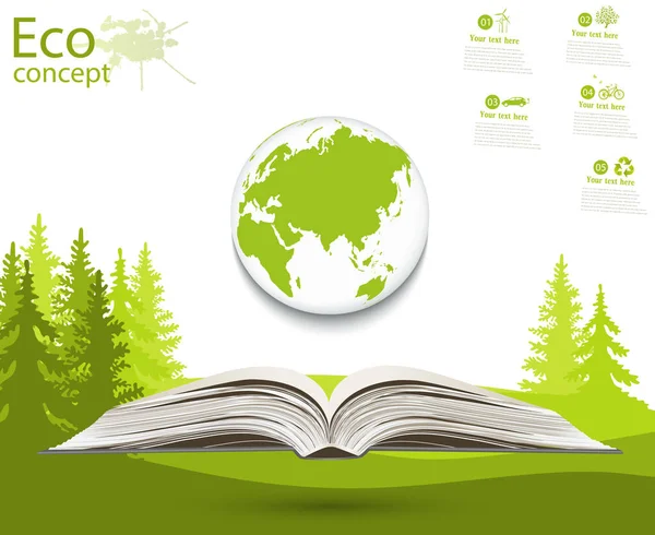 Globe on opened book. The concept of ecology to save the planet. Eco friendly. Environmentally friendly world. Concept illustration of ecology. Background. landscape. Infographics