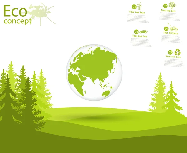 Globe and trees on the green grass. The concept of ecology to save the planet. Eco friendly. Environmentally friendly world. Concept illustration of ecology. Background. Infographics