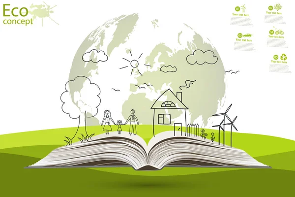 环境友好型世界 绿色世界用快乐的家庭故事描绘全球环境 打开一本快乐家庭故事的书 生态概念 生态清洁的世界 Doodle — 图库照片