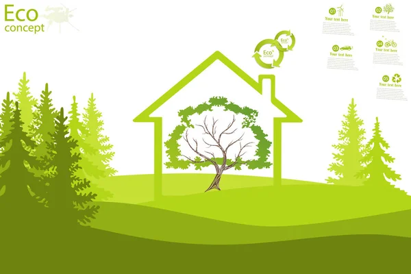 緑の芝生の上の家の中の木 地球を救うための生態学の概念 環境に優しい生態学のイラストコンセプト インフォグラフィック — ストック写真