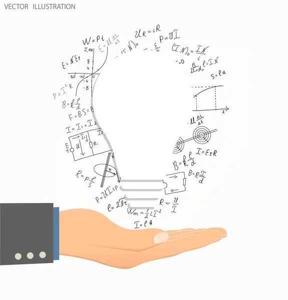 Mathematical equations and formulas around the bulbs on a white background. Electric Lamp in his hand. Science. Doodle. Illustration modern template design.
