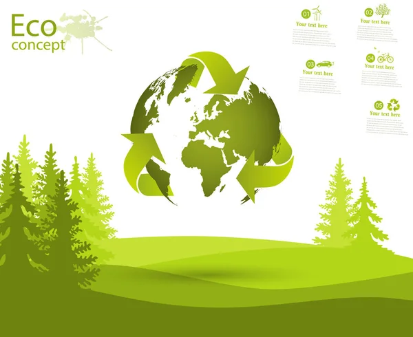 Globe and trees on the green grass. The concept of ecology to save the planet. Eco friendly. Environmentally friendly world. Concept illustration of ecology. Background. Infographics