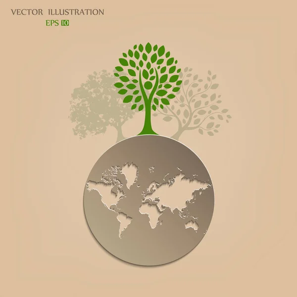 Silhouette of a tree on the globe. The concept of ecology, to save the planet. Creative drawing on global environment. Eco friendly. Illustration on white background. Modern design template.