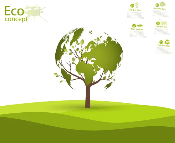 Green globe on the tree. Tree with globe on grass. Eco friendly. The concept of ecology. Ecologically clean world landscape. Illustration.