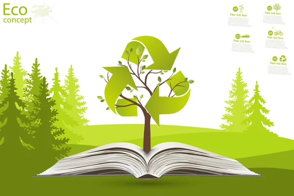 Green paper tree growing from an open book. The concept of ecology, to save the planet. Eco friendly. Open book legit on the grass. Illustration modern design template