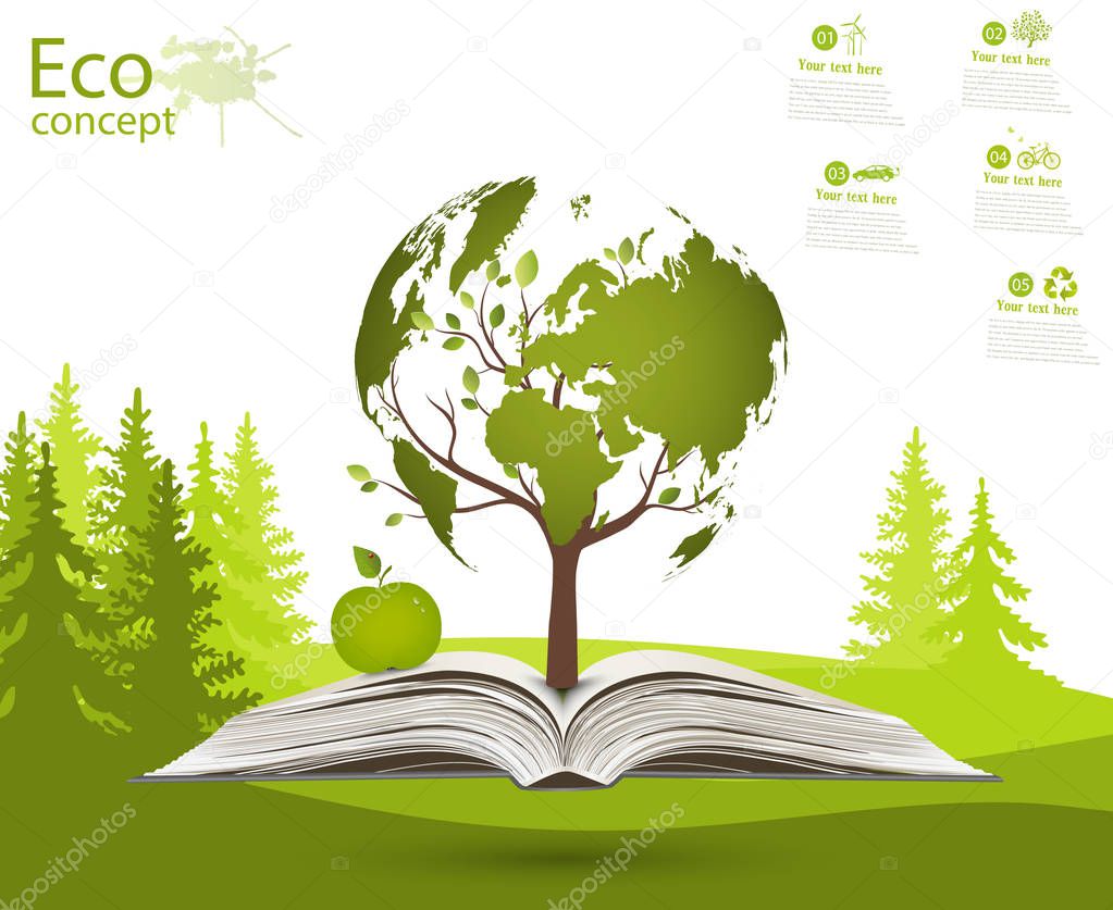 Green globe on the tree. Tree with globe on grass. Eco friendly. The concept of ecology. Ecologically clean world landscape. Illustration.