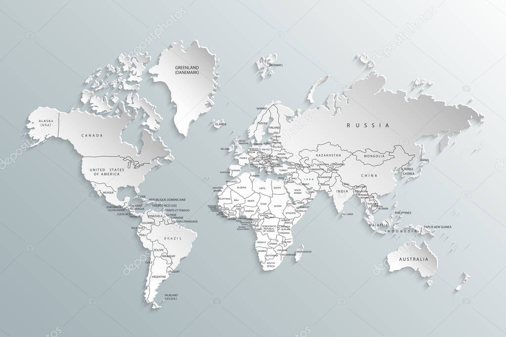 Political map of the world. Gray world map-countries. White world map paper. Illustration