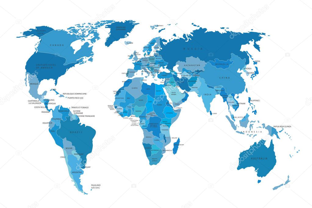 Political map of the world. Blue map of the world. Illustration