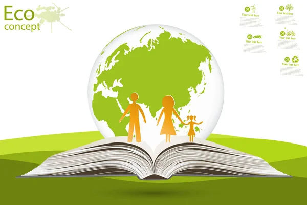 Globe on opened book. Green globe on the tree. The concept of ecology to save the planet. Eco friendly. Environmentally friendly world. Concept illustration of ecology. Family. landscape.