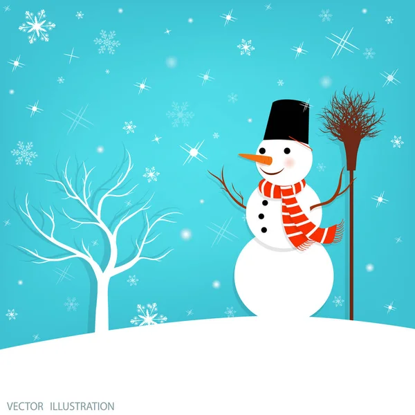 Happy snowman holding blank banner, winter background, Christmas greeting card. Illustration