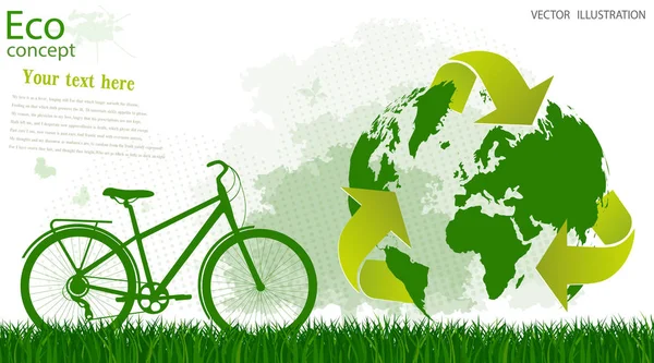 Bike on a globe. Environmentally friendly world. Illustration of ecology the concept of info graphics modern design. Doodle