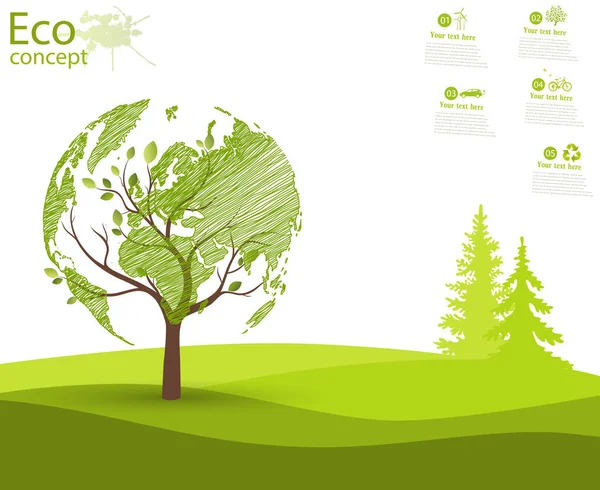 Green globe on the tree. Tree with globe on grass. Eco friendly. The concept of ecology. Ecologically clean world landscape. Illustration.