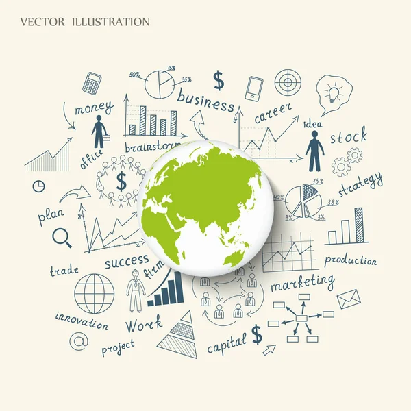 Kreative Zeichnung Diagramm Und Graphen Businessplan Idee Auf Globus Geschäftswelt — Stockvektor