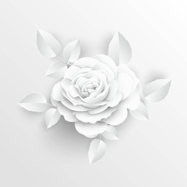Kağıt çiçek. Kağıttan kesilmiş beyaz güller. Düğün süslemeleri. Dekoratif gelin buketi, soyutlanmış çiçek tasarımı elementleri. Tebrik kartı şablonu. Vektör illüstrasyonu.