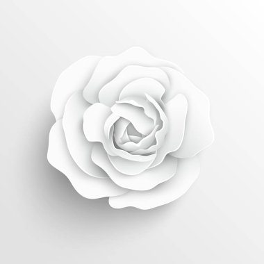 Kağıt çiçek. Kağıttan kesilmiş beyaz güller. Düğün süslemeleri. Dekoratif gelin buketi, soyutlanmış çiçek tasarımı elementleri. Tebrik kartı şablonu. Vektör illüstrasyonu.