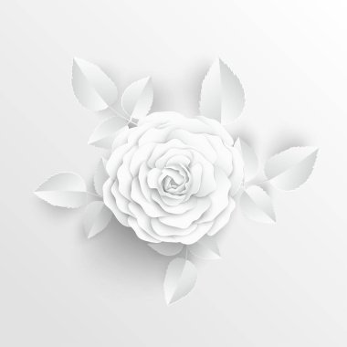 Kağıt çiçek. Kağıttan kesilmiş beyaz güller. Düğün süslemeleri. Dekoratif gelin buketi, soyutlanmış çiçek tasarımı elementleri. Tebrik kartı şablonu. Vektör illüstrasyonu.
