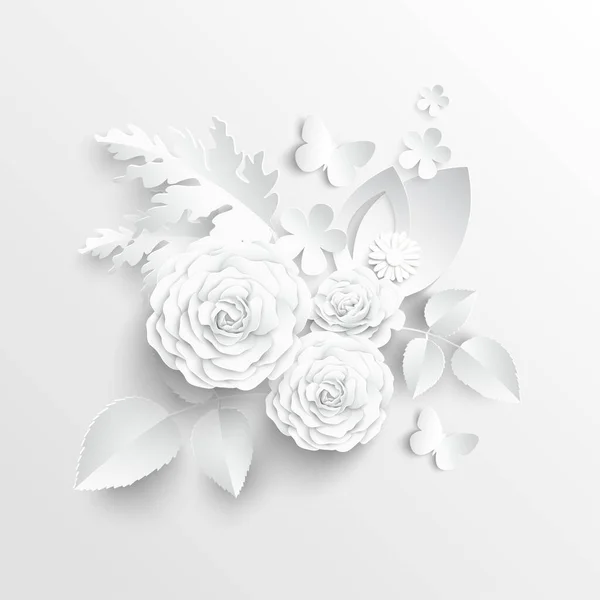 Fiore Carta Rose Bianche Tagliate Carta Decorazioni Nuziali Bouquet Sposa — Vettoriale Stock