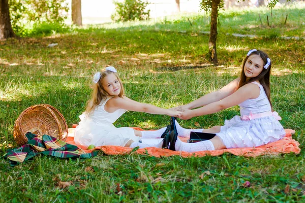 Two Girls White Dresses Play Orange Picnic Blanket Picnic Basket 图库图片