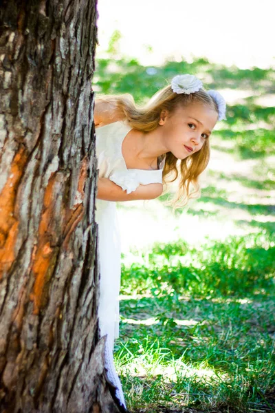 Krásná Dívka Vypadá Stromu Parku Teplý Slunečný Den — Stock fotografie