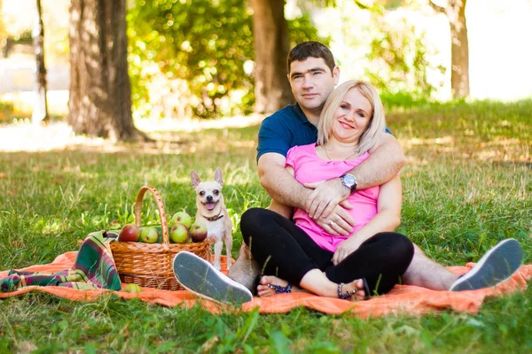 Happy Couple Dog Sit Orange Picnic Blanket Picnic Basket Park — Stock Photo, Image