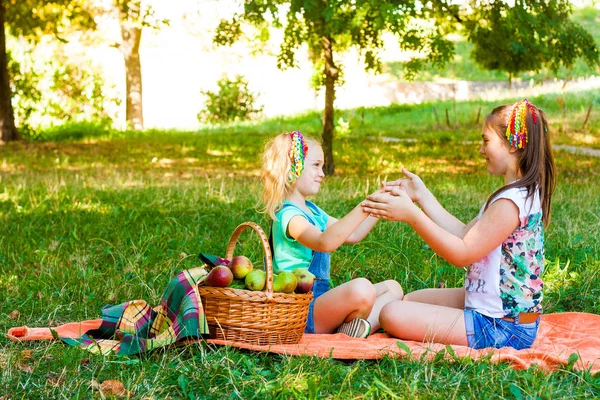 Dwie Dziewczyny Grać Pomarańczowy Koc Piknikowy Kosz Piknikowy Parku — Zdjęcie stockowe