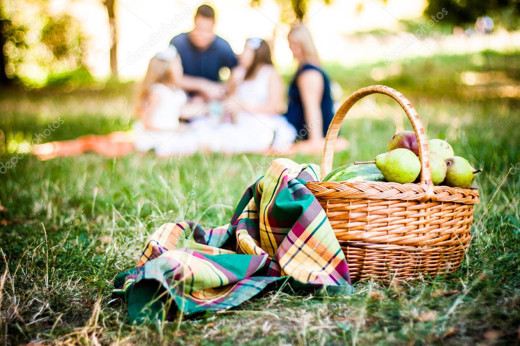 Picnic Basket With Blanket and Pears On The Grass. On Front Of The Family In Bokeh