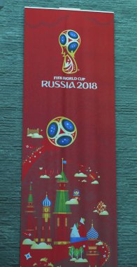 Zürih, İsviçre - Mayıs 2017: Dünya Kupası 2018 promo resmi FIFA Merkezi salonunda